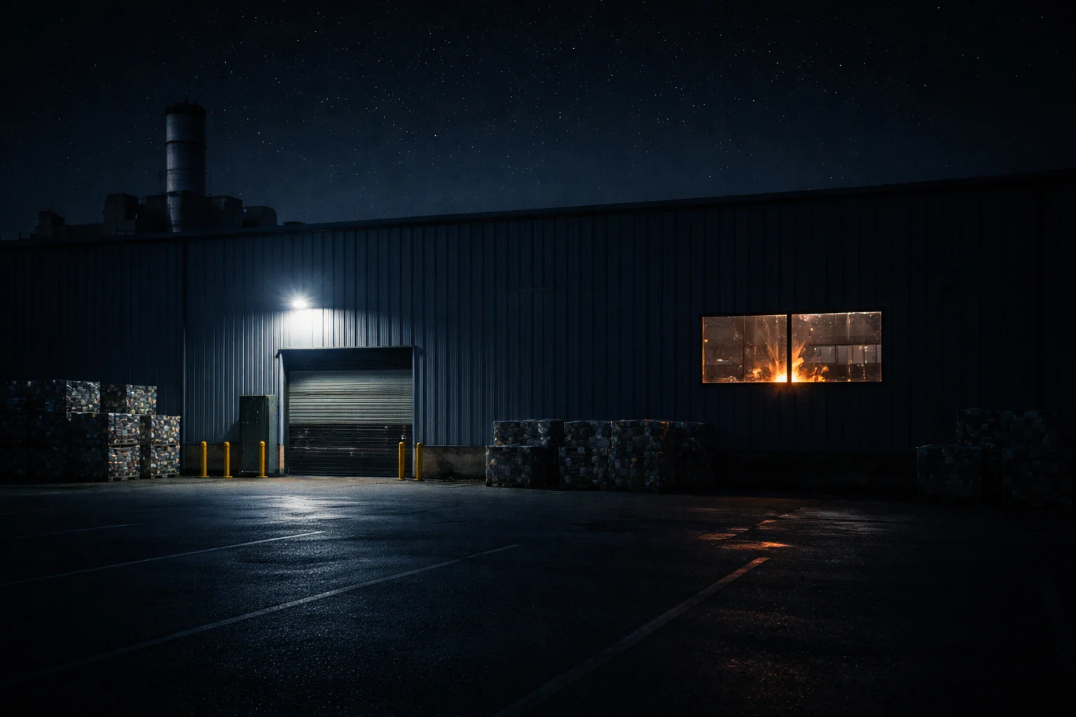 Recycling facility at night with industrial lighting