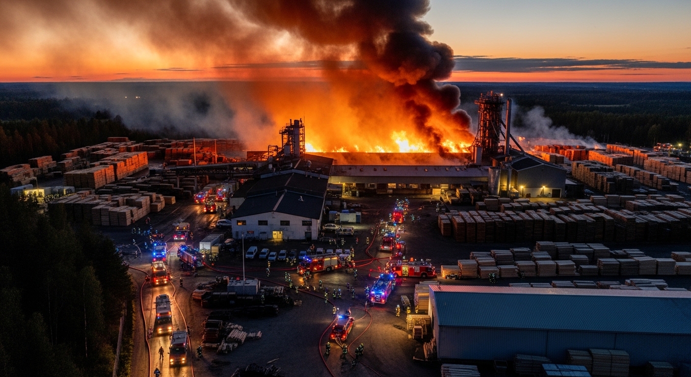 Aerial view of a sawmill fire with smoke rising over a lumber facility