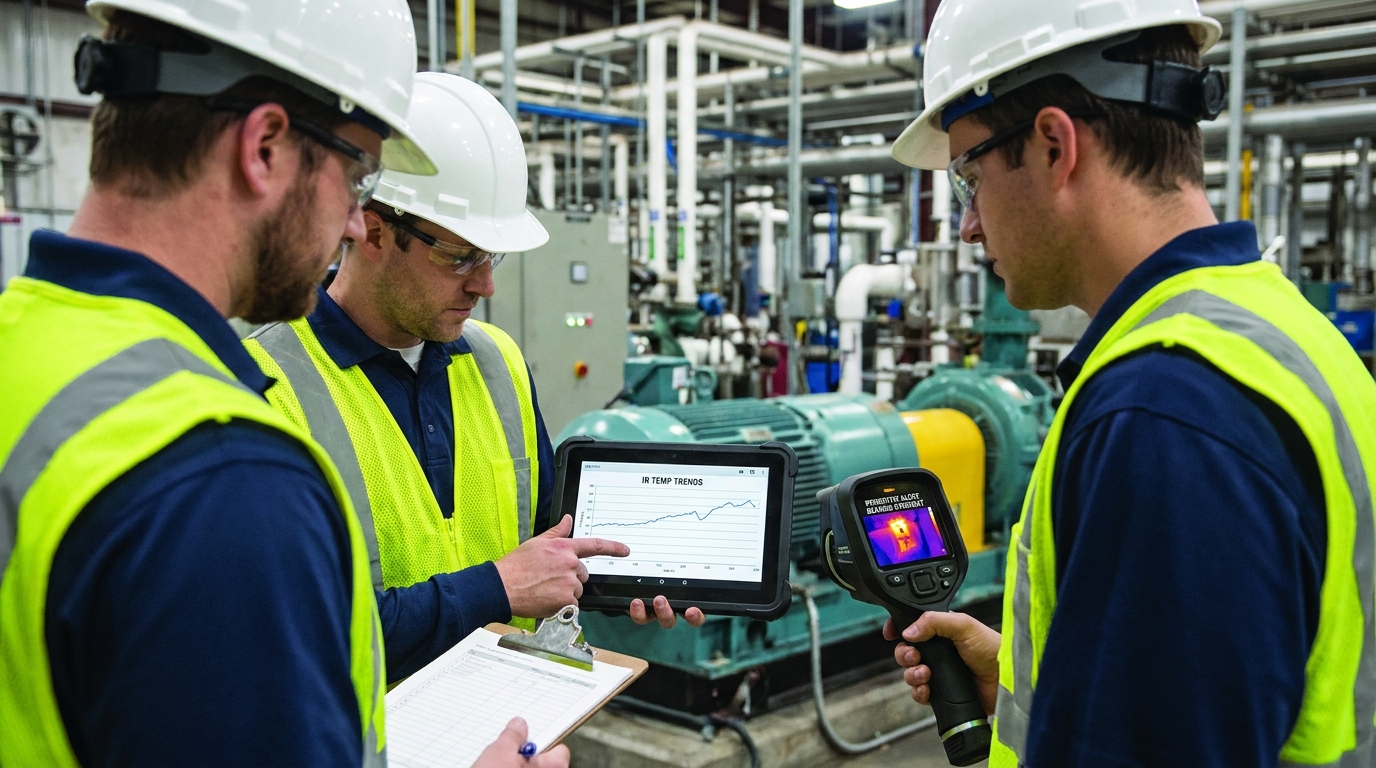Industrial maintenance team comparing infrared temperature trends and predictive maintenance alerts
