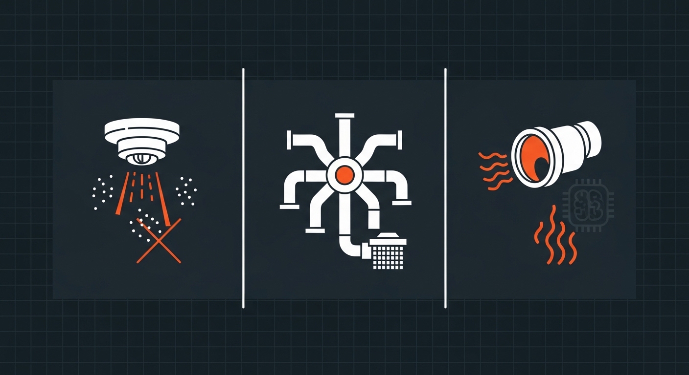 Abstract text-free battle card graphic with three columns of flat icons for smoke in dust, aspirating pipes, and infrared monitoring