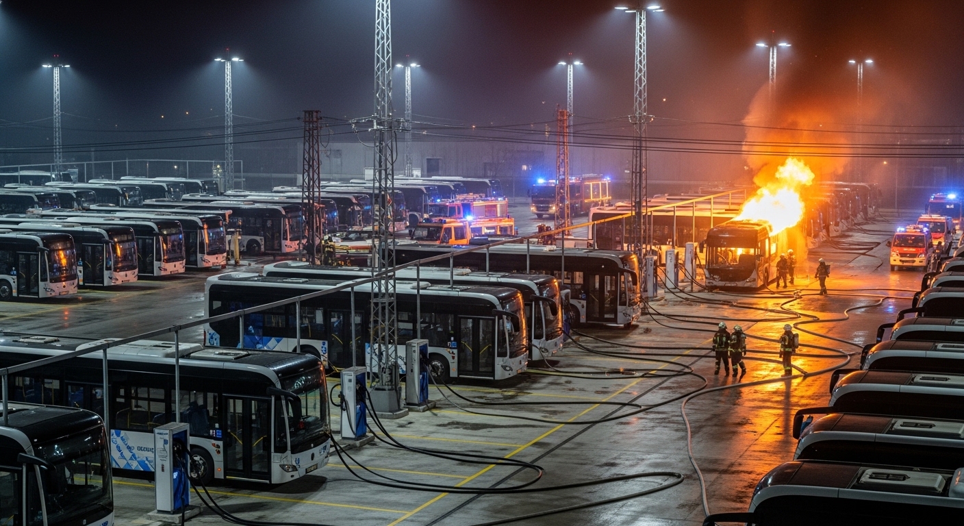 Electric bus charging depot at night with rows of buses connected to charging stations