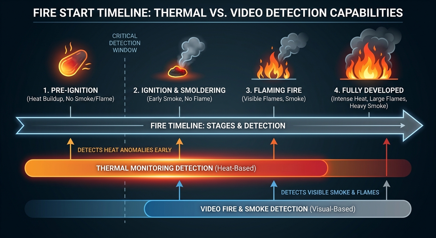 Graphic showing a timeline of fire progression from heat to smoke to flame to fire and where thermal monitoring fits in the timeline.