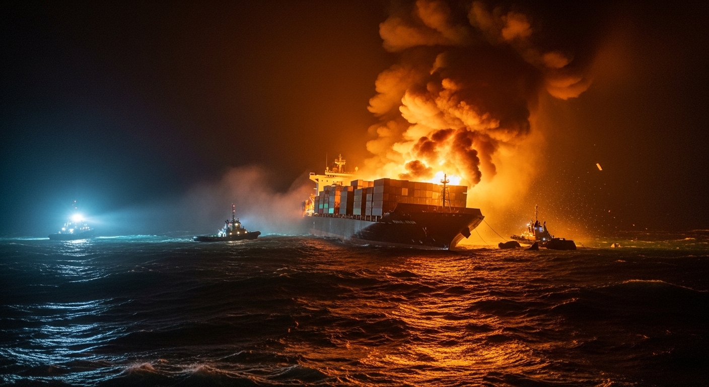 Container ship with fire and smoke rising from cargo hold at night, emergency response vessels approaching