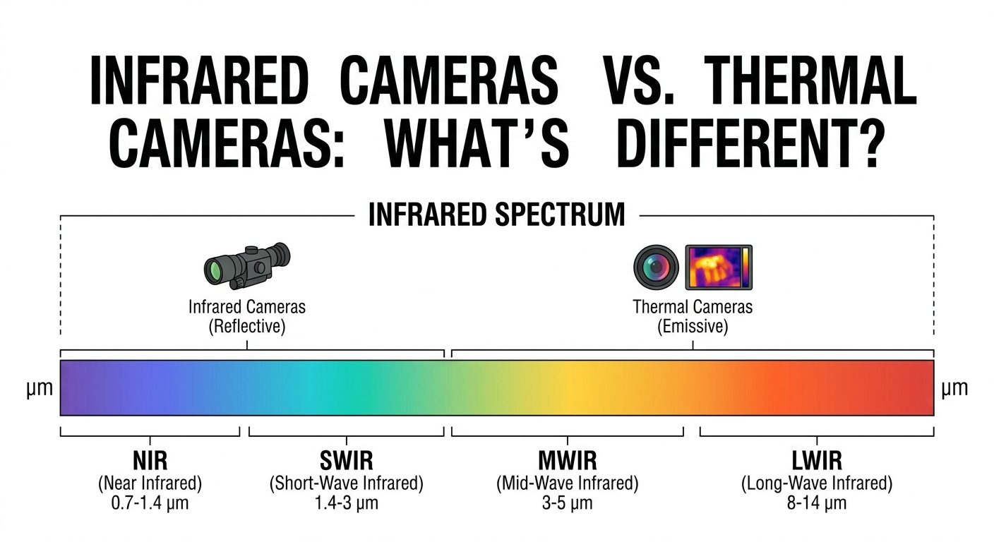 Infrared spectrum diagram comparing NIR, SWIR, MWIR, and LWIR camera bands