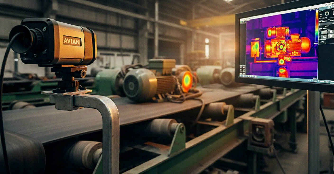 Industrial thermal imaging camera mounted on a steel bracket aimed at factory conveyor machinery with a thermal heat map visible on a monitor