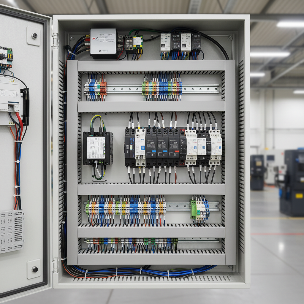 Industrial production line with a PLC control cabinet, conveyor drives, and an overhead thermal monitoring camera