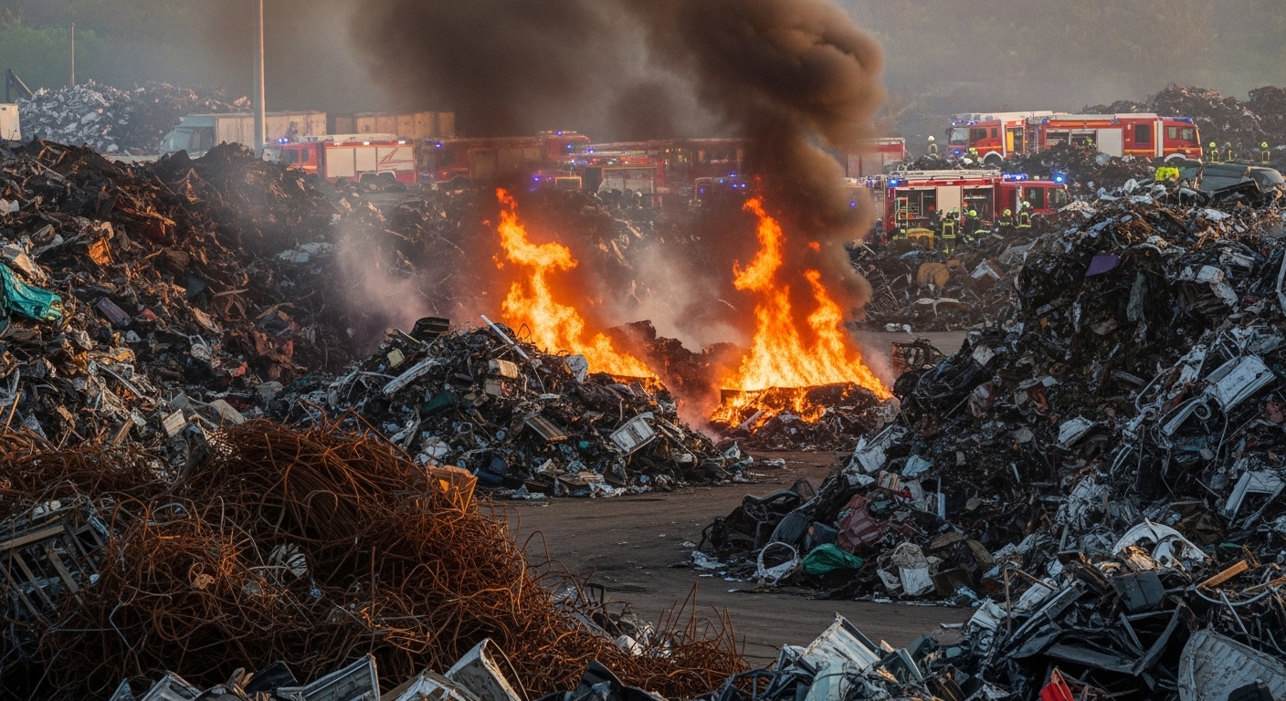 A fire burning in an outdoor scrap metal yard with smoke rising over piles of crushed vehicles and metal debris