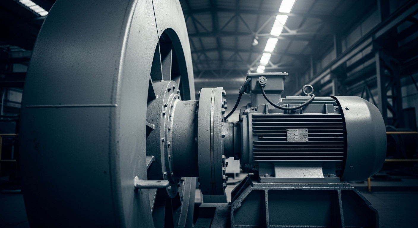 Large industrial centrifugal blower with visible bearing and motor housing in a dark industrial facility setting
