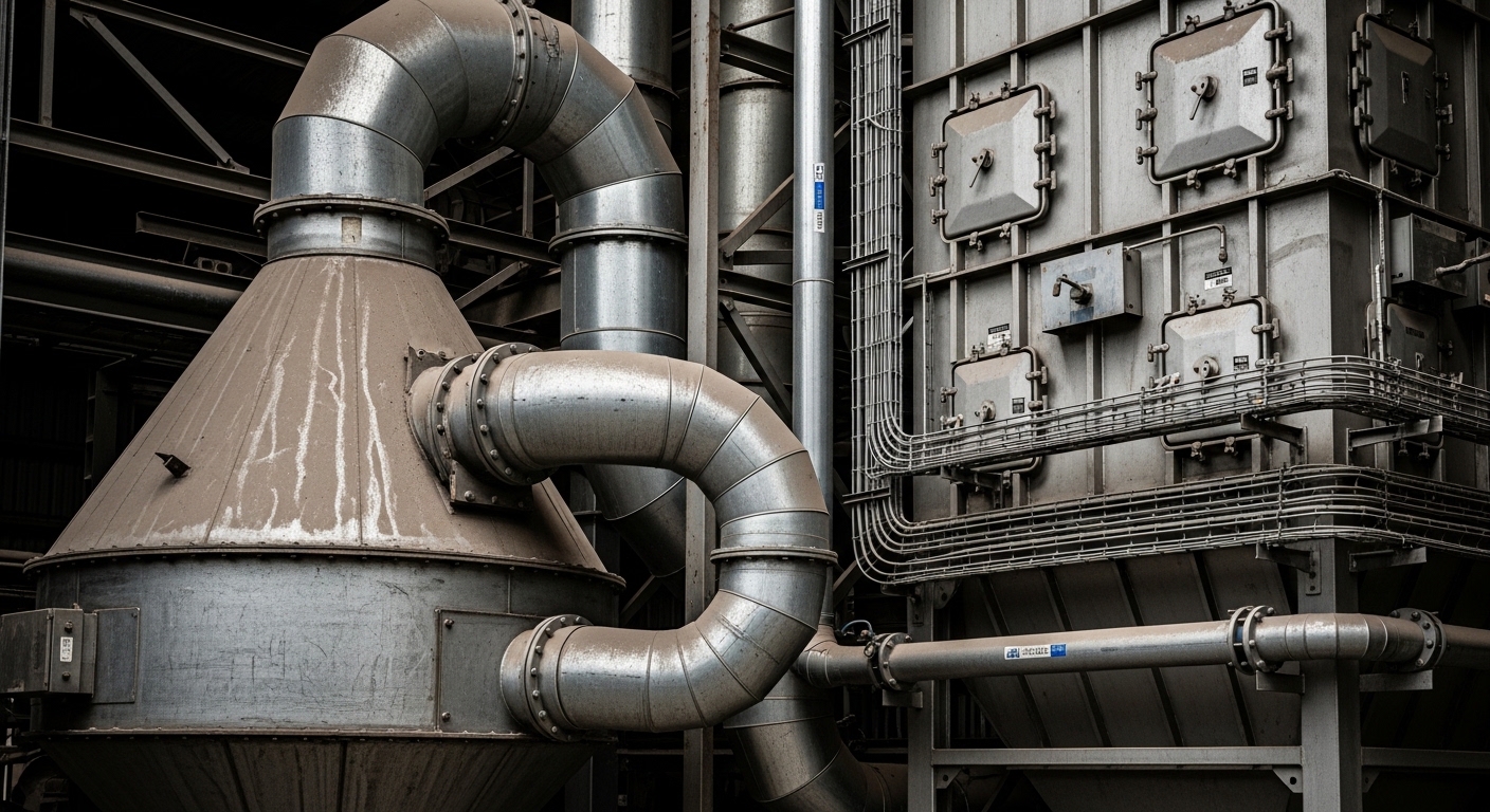 Large metal cyclone separator and baghouse dust collector system at a wood processing facility, showing interconnected ducting and industrial piping