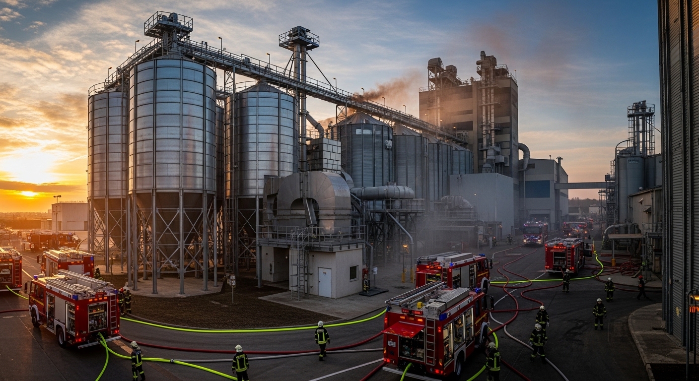 Emergency response crews outside an MDF plant with smoke rising from cyclone and silo dust collection infrastructure
