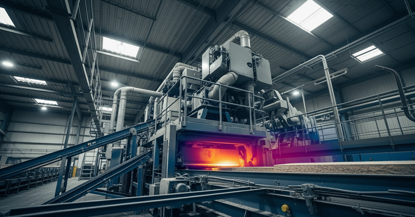 Industrial planer room with a thermal imaging camera overlooking conveyor machinery