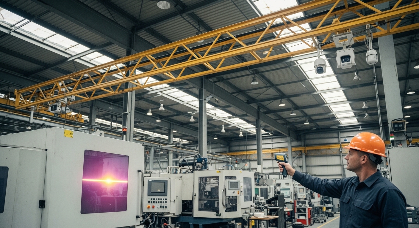 Maintenance worker with a handheld infrared thermometer on a factory floor, with fixed thermal cameras mounted on overhead truss